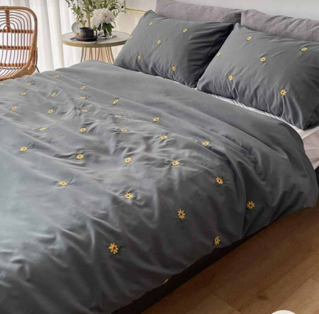Premium Designer Embroidered Pastel Shades Cotton Bedsheets Boutique Collection in Elegant Style for Premium Homes dark grey with yellow flowers Embroidered premium Bedsheets