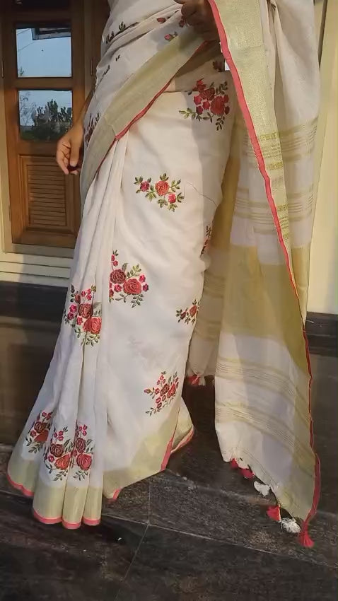 Pure Linen by Linen Saree with full embroidery