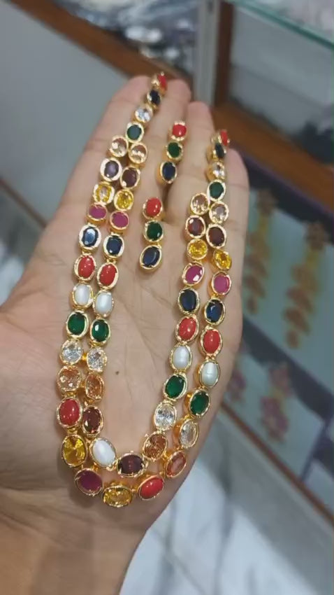 Premium plated navaratna neck piece with Earings 
Code: Nava2L