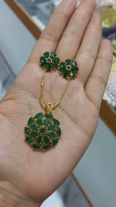 Premium gold plated green amethyst stone Pendant With Chain and matching ear studs Code : GreenPS
