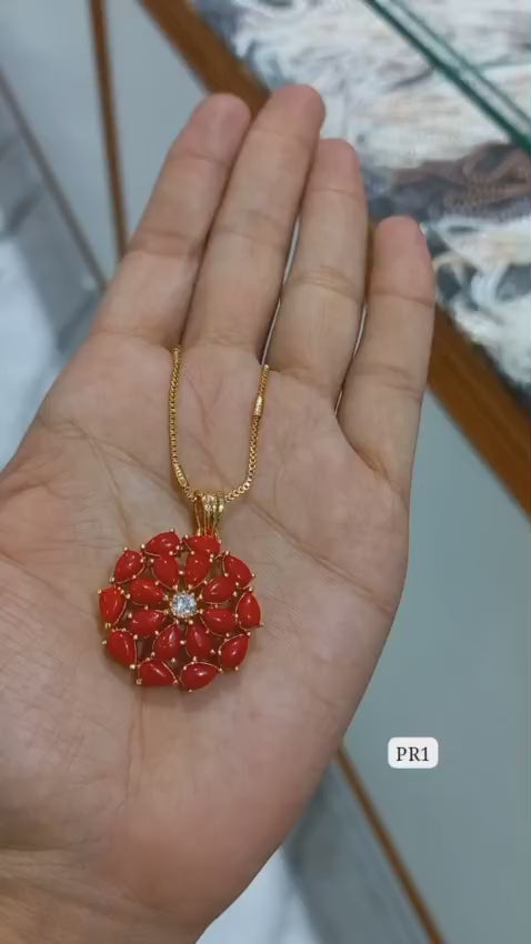 Premium plated coral red amethyst stone Pendant With Chain   Code : PR1