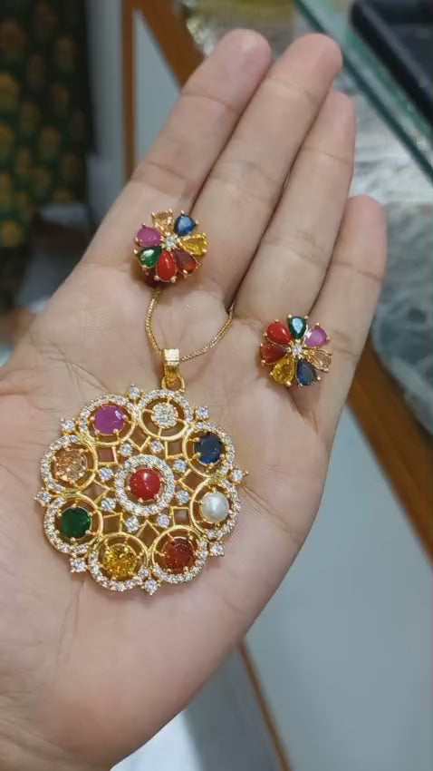 Beautiful navaratna stone premium gold plated Pendant with plain chain necklace
And earrings Code : PNBS1