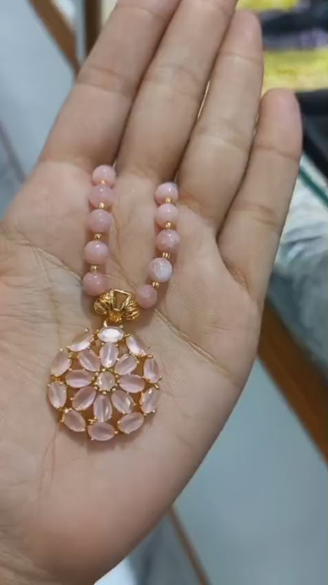 Beautiful light pink crystal Pendent with pink crystal beads Neck chain
Code : PC1