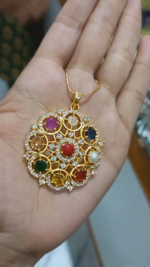Beautiful navaratna stone premium gold plated Pendant with plain chain necklace
Code : PNB1