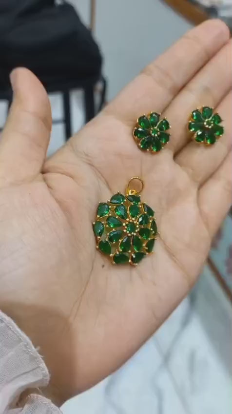 Premium plated green amethyst stone Pendant With Chain and matching earstuds Code : PG2