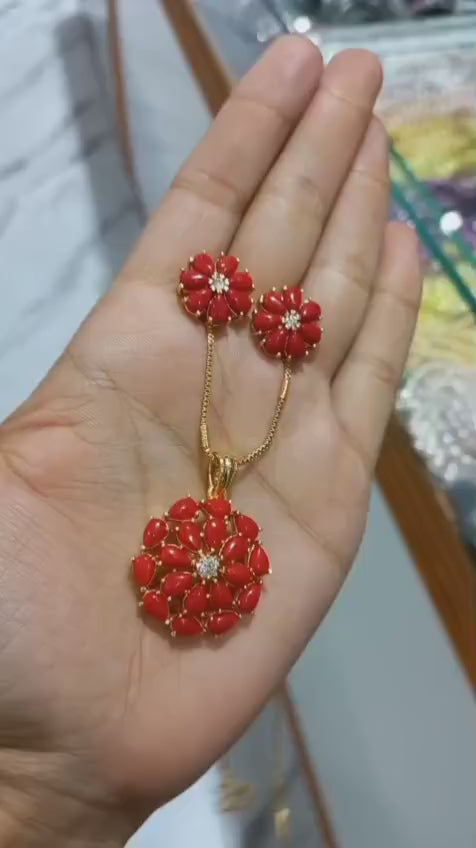 Premium gold plated coral red amethyst stone Pendant With Chain and matching ear studs  Code : CoralPS