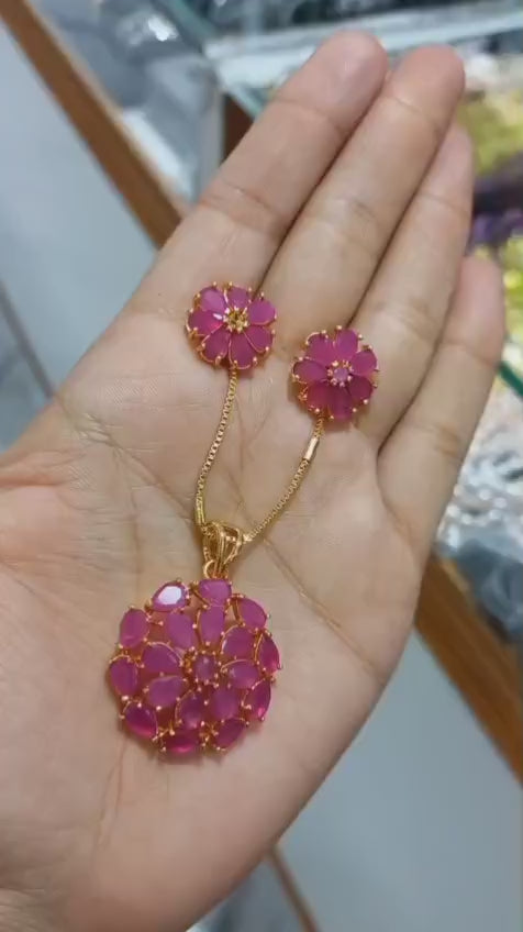 Premium plated ruby pink amethyst stone Pendant With Chain and matching ear studs  Code : RoobyPS