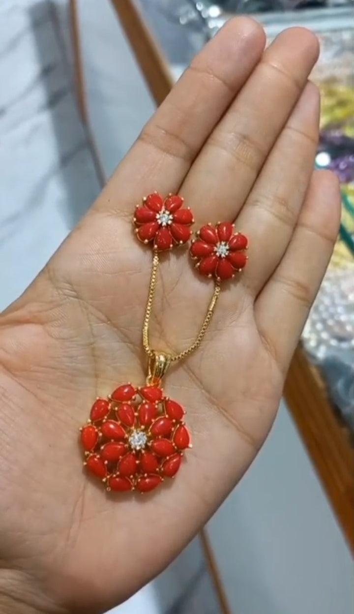 Premium gold plated coral red amethyst stone Pendant With Chain and matching ear studs Code : CoralPS Pearl Jewellery