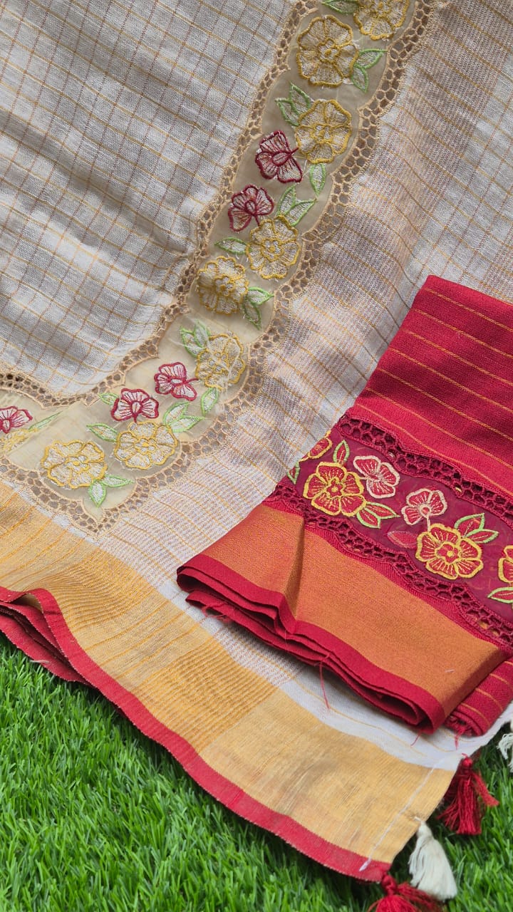 Pure Linen saree and blouse with organza border and applique work Kerala saree